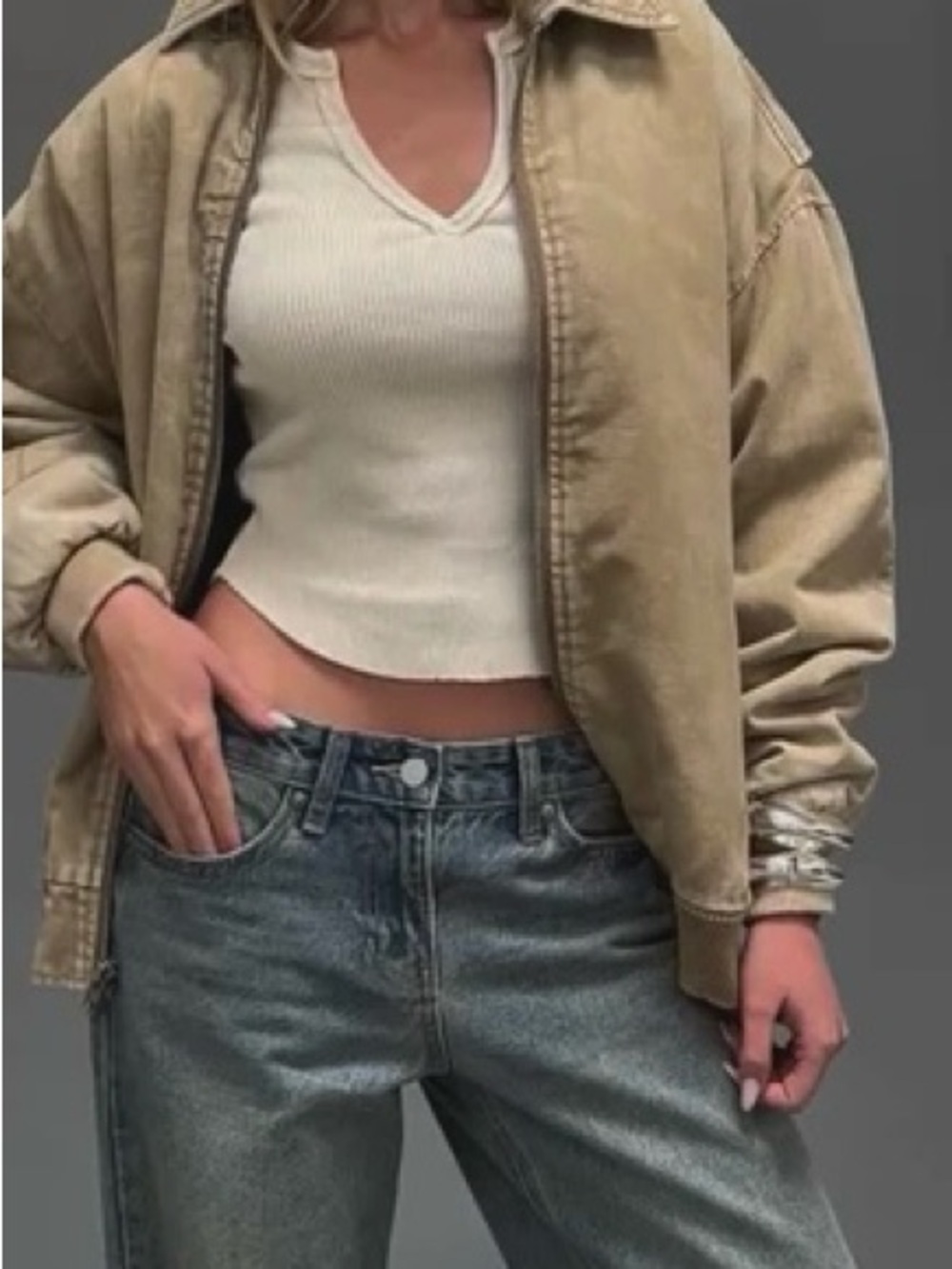 12th Tribe Oversized Washed Khaki Bomber Jacket - Picture 2 of 6